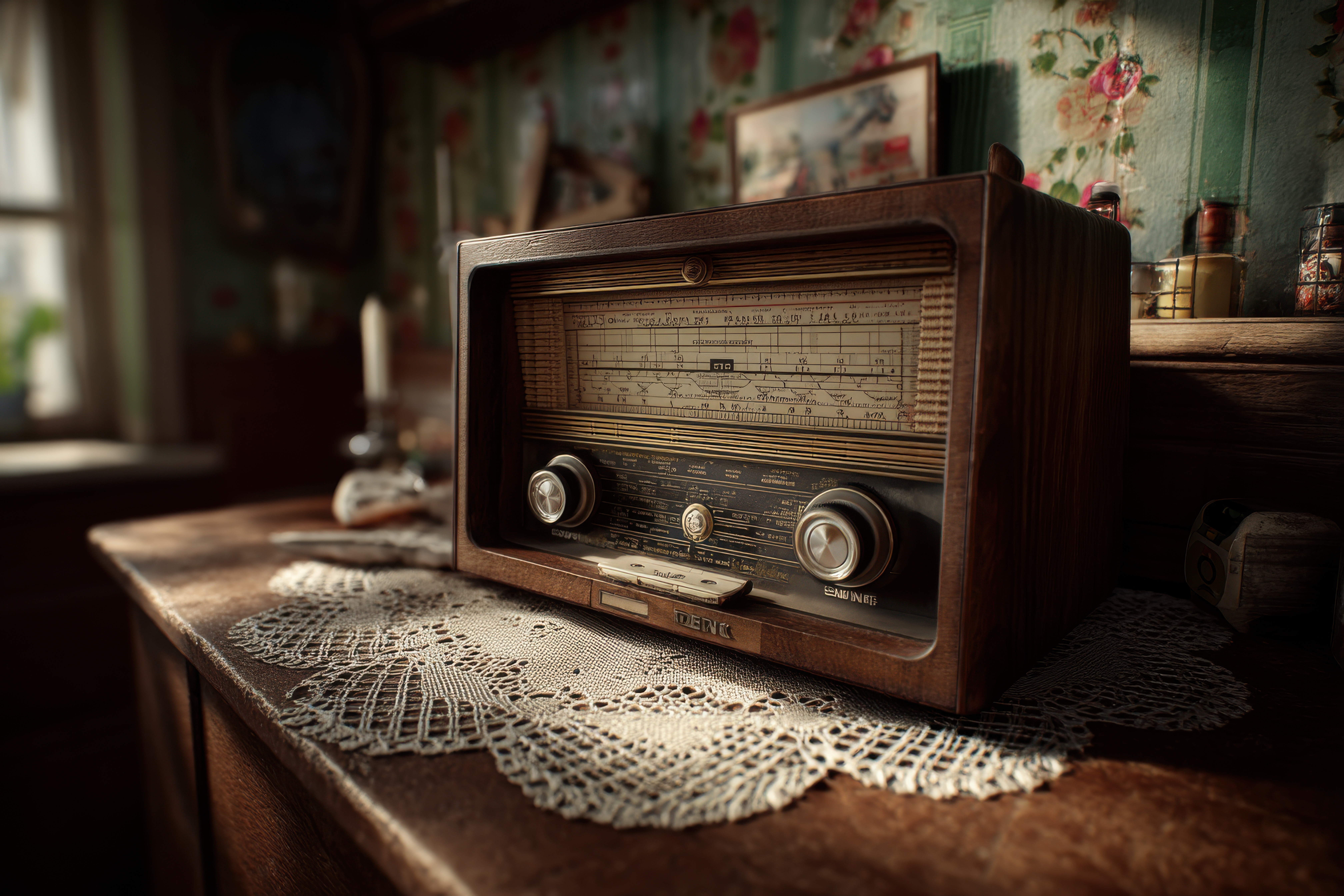 Analogradio: Zeit für den digitalen Umstieg Altes Holzradio mit zwei großen Drehknöpfen auf einer gehäkelten Tischdecke in einer Stube; Symbolfoto für Analogradio
