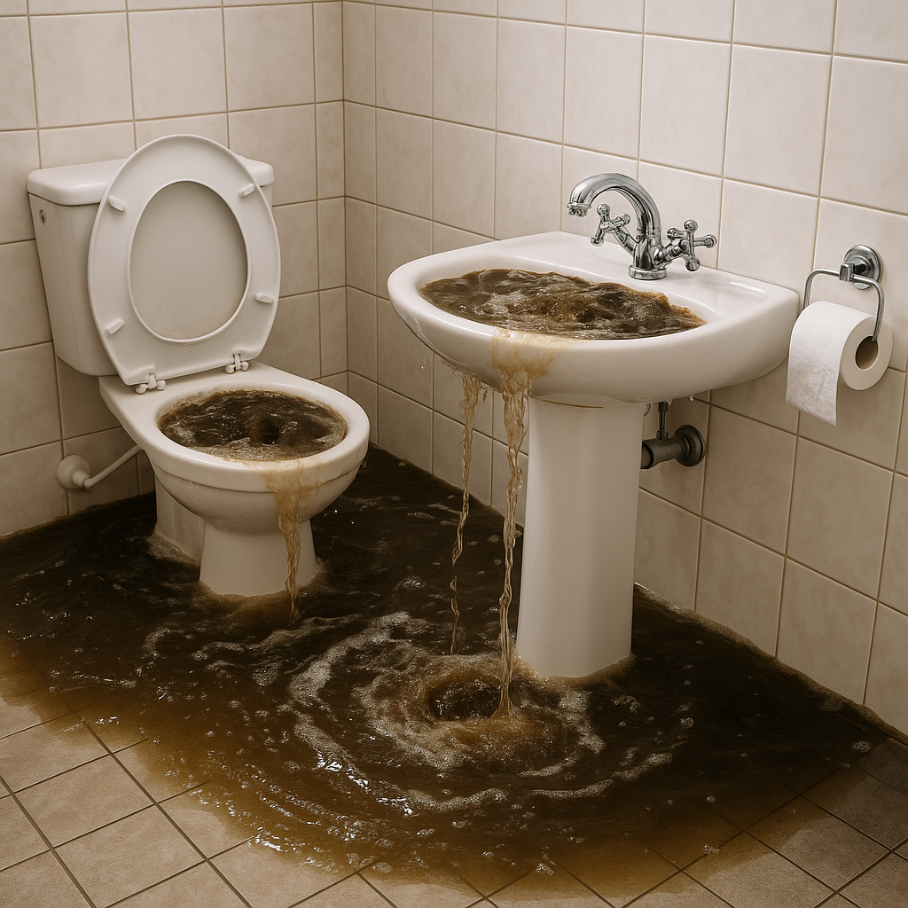 Rückstau im Badezimmer mit Überschwemmung (KI-generiert) Rückstau im Badezimmer mit Überschwemmung