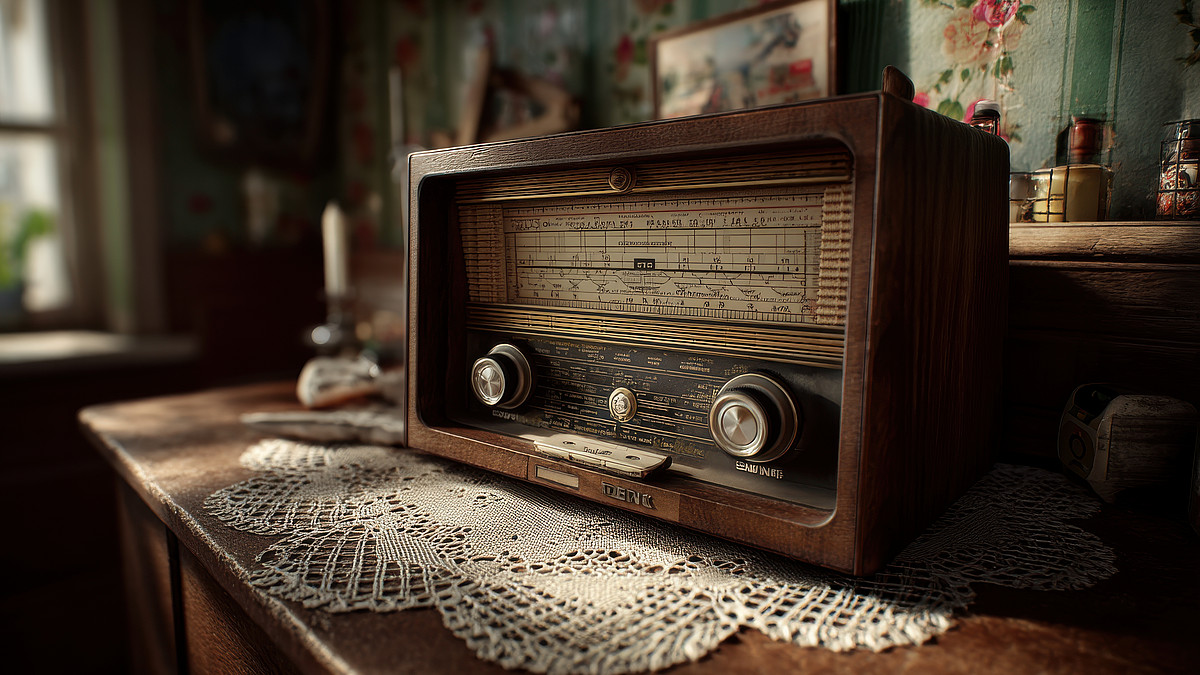 Altes Holzradio mit zwei großen Drehknöpfen auf einer gehäkelten Tischdecke in einer Stube; Symbolfoto für Analogradio